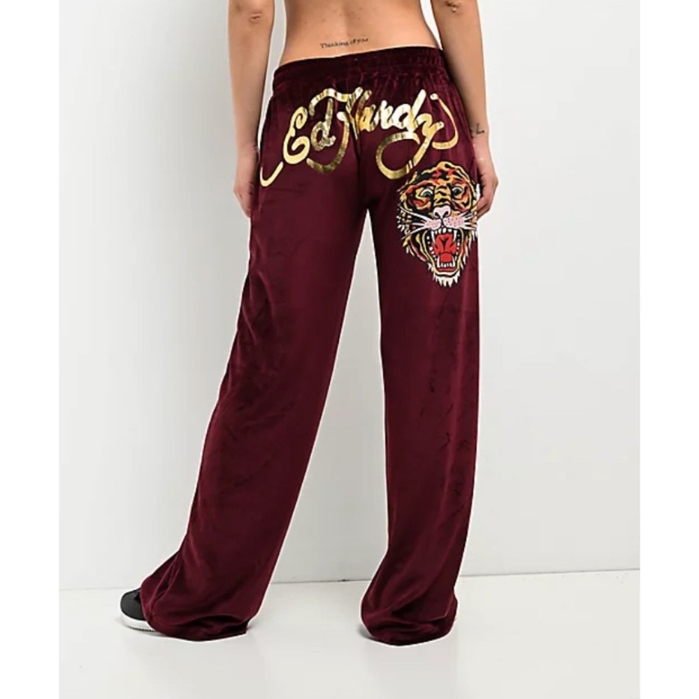 Ed Hardy Womens Velour Tiger Graphic Wide Leg Lounge Pants Burgundy Size S